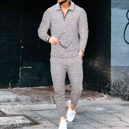 ブラウン系ジオメトリック柄セットアップで渋さを演出した大人コーデ