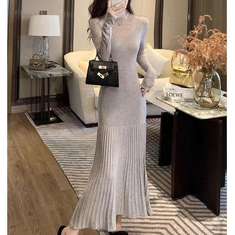 シアースリーブマーメイドニットワンピース(グレー)