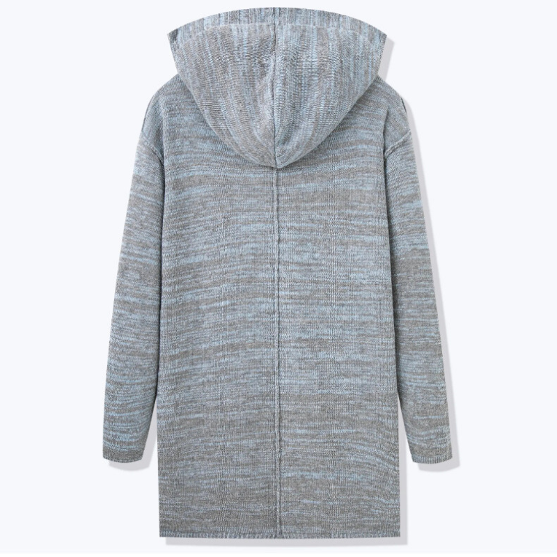 フード付きロングニットカーディガンの正面と背面デザイン