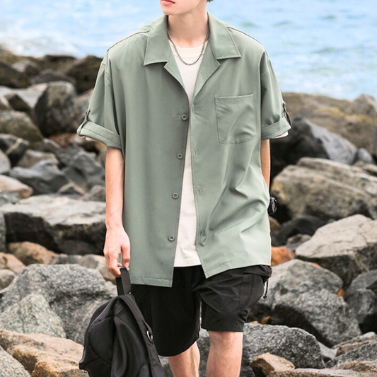 海辺で着こなすアイスシルク開襟シャツ(カーキ)