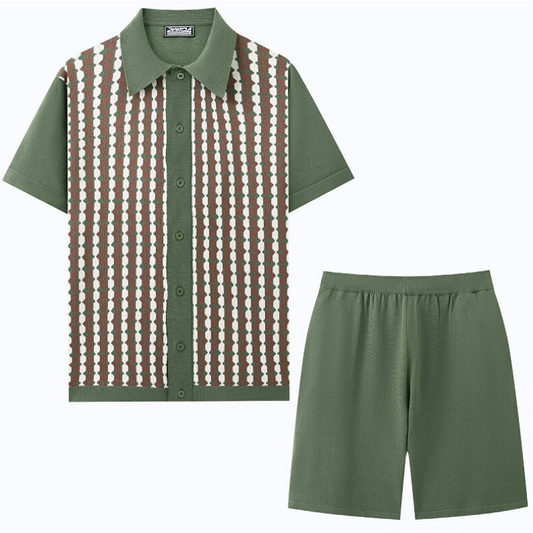 幾何学柄カーキセットアップ 平置きシャツとパンツセット