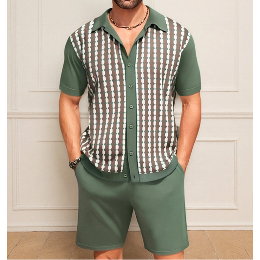 幾何学柄アイスシルクシャツセットアップ カーキ着用正面カット