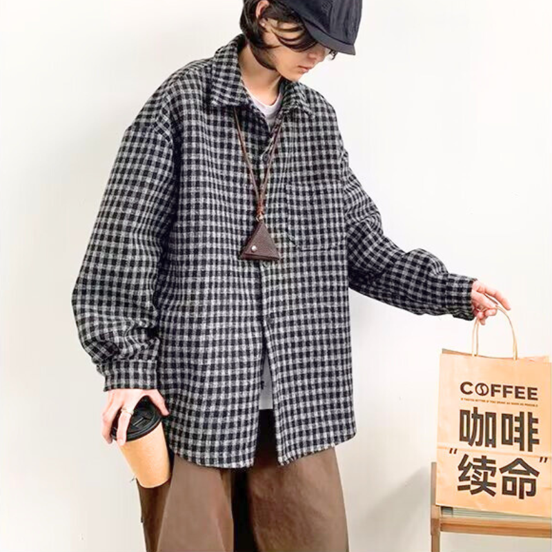 ラペルチェックシャツジャケット ブラックカラー エコバッグ合わせ
