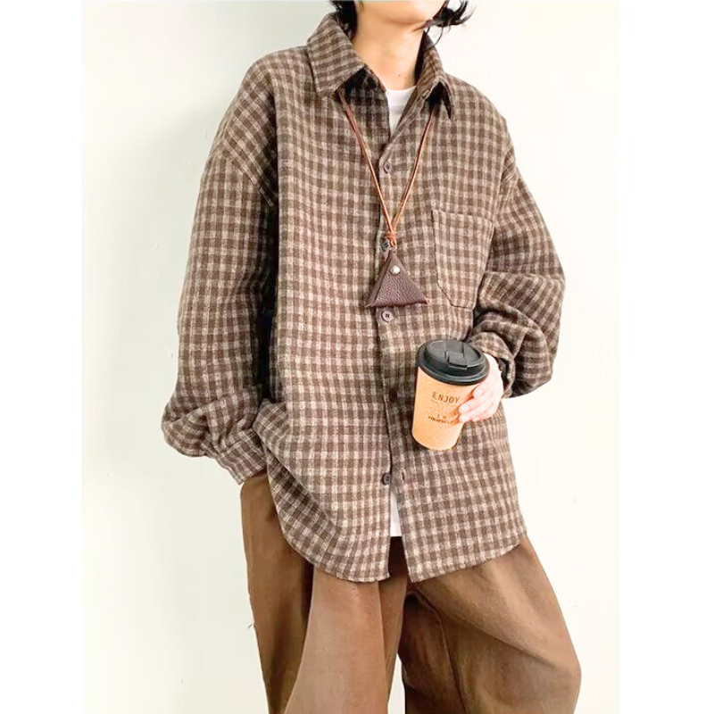 ラペルチェックシャツジャケット ブラウンカラー 前開きラフコーデ