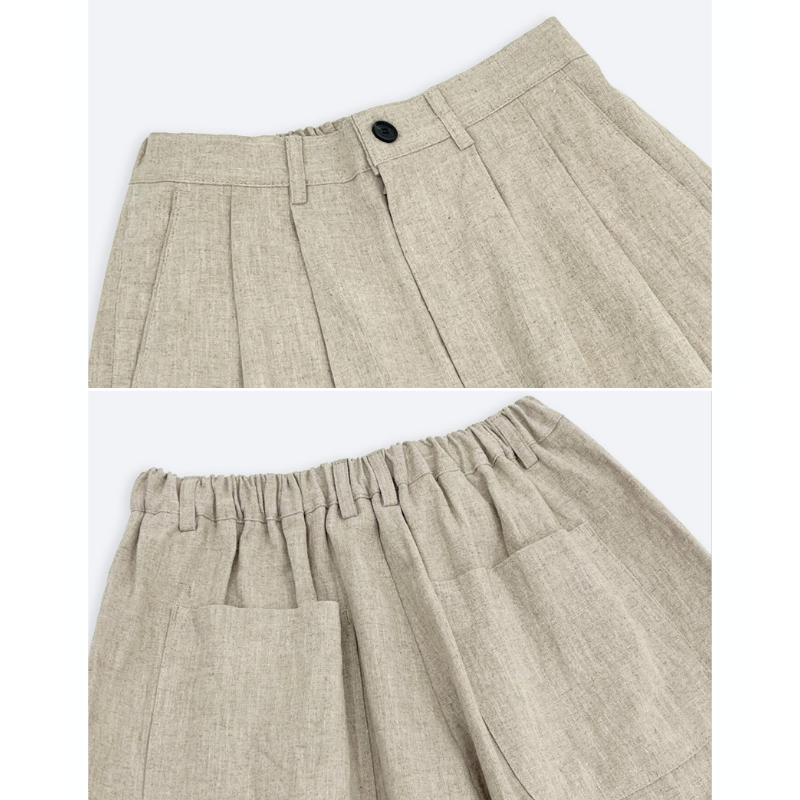 パンツの前後ディテール|ウエストゴムとプリーツ加工