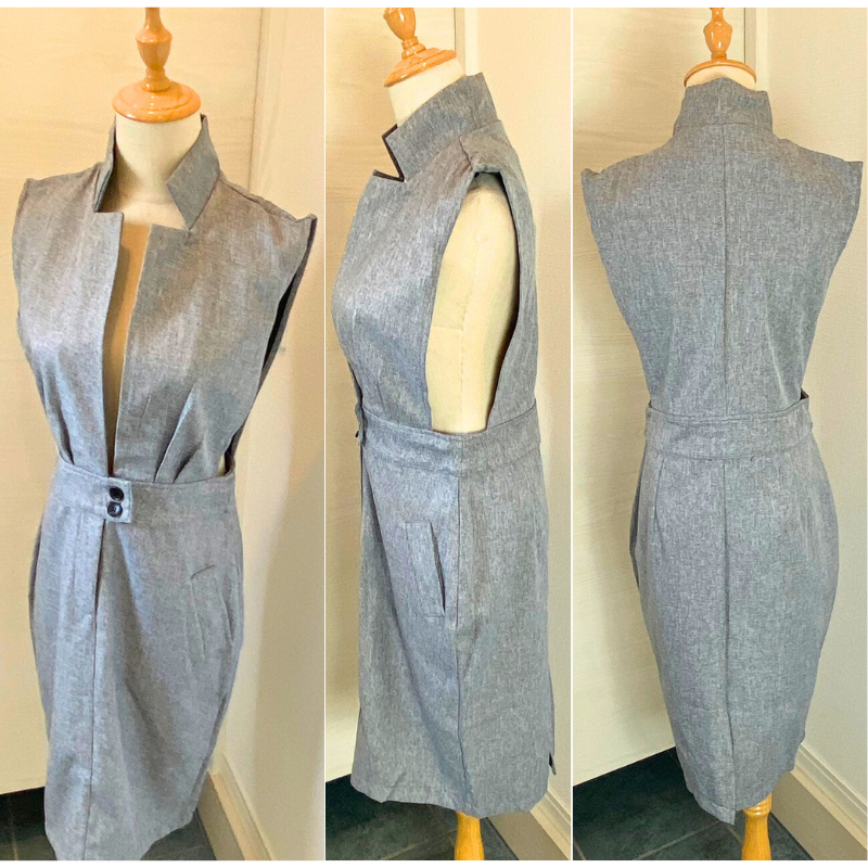 マネキンに着せたグレーワンピースの前後左右を展示した画像
