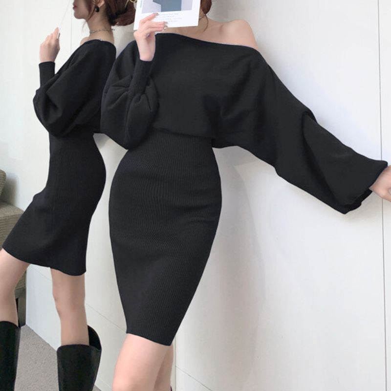 美くびれラインが魅力のドルマンスリーブニットワンピース|上品なモテ服コーデ