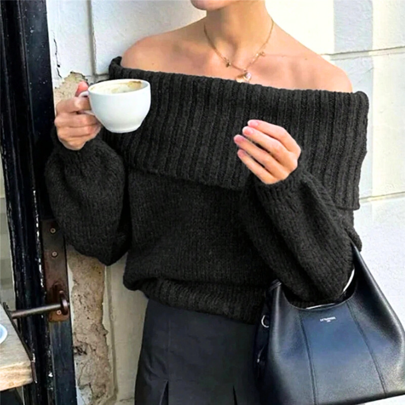 ブラックオフショルリブニットトップス|シックな色気で魅せる大人モテ服