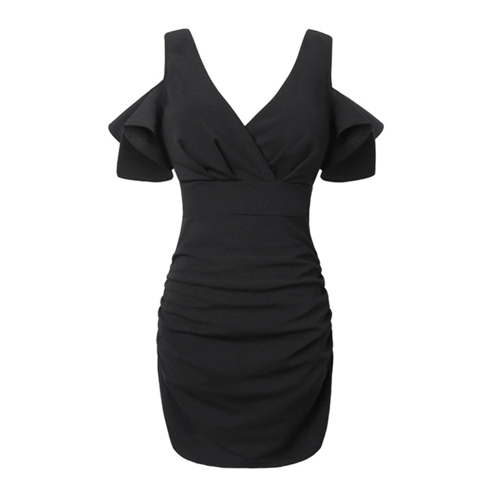 ブラックの肩あきフリルワンピース商品画像|春夏の夜デートにおすすめ