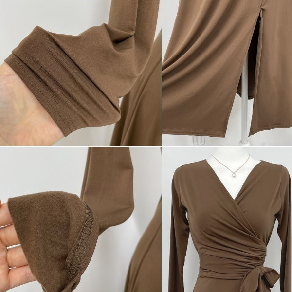 ブラウンのカットソー生地と深めスリットを拡大し、肌触りの良さとセクシーなディテールを強調