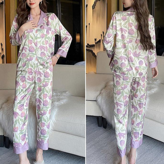 ルームウェア彼氏ウケデザイン 花柄パジャマ アイスシルク素材