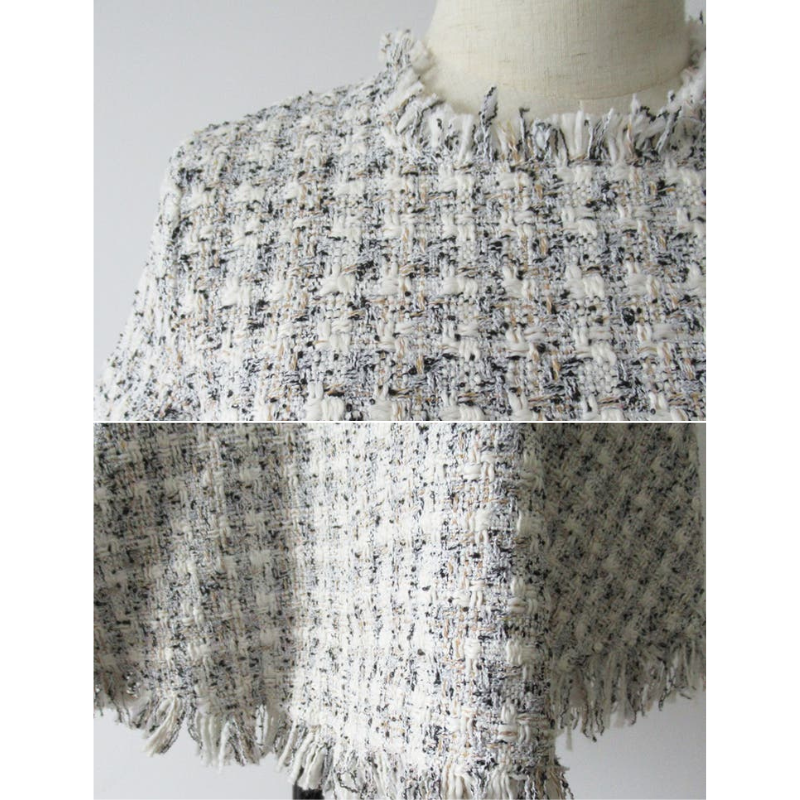 ツイード生地を拡大し、フリンジ仕様の立体感としっかりとした厚みをアピール