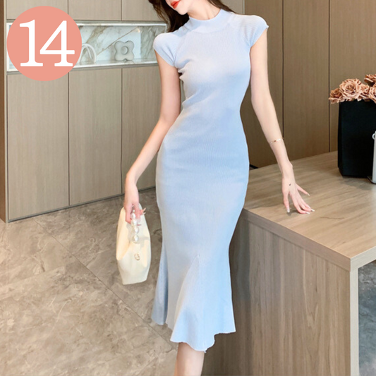 ブルーS 当日発送可【品の良さと甘さが両得できちゃう】ハイネック マーメイドニットワンピース