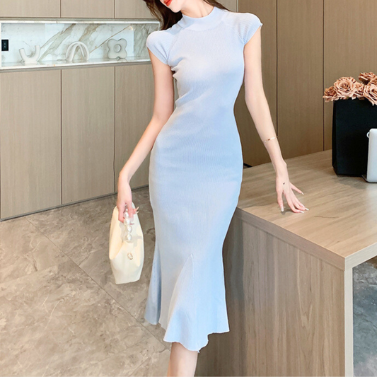 ブルーS 当日発送可【品の良さと甘さが両得できちゃう】ハイネック マーメイドニットワンピース