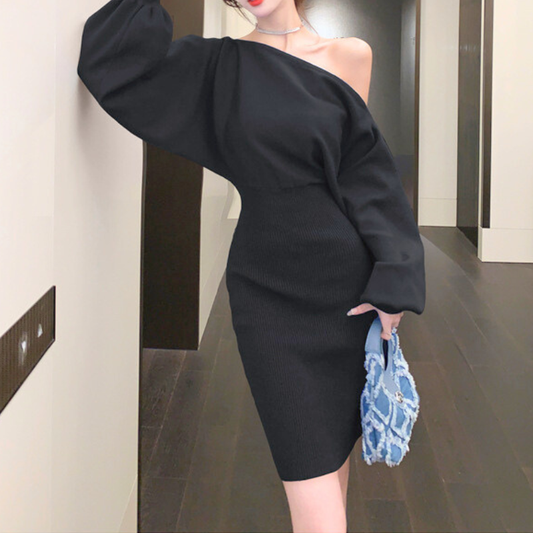 肩見せデザインが色っぽいタイトリブニットワンピース|男ウケ抜群の大人コーデ
