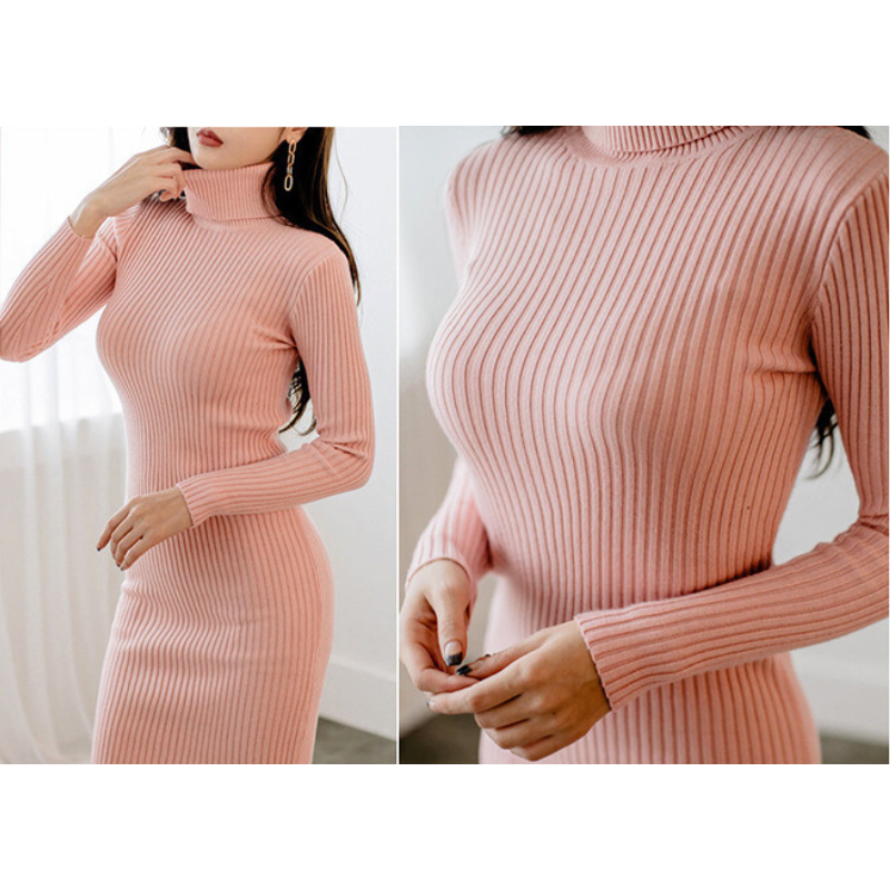 ピンクのタートルネックニットワンピースで作るデートコーデ