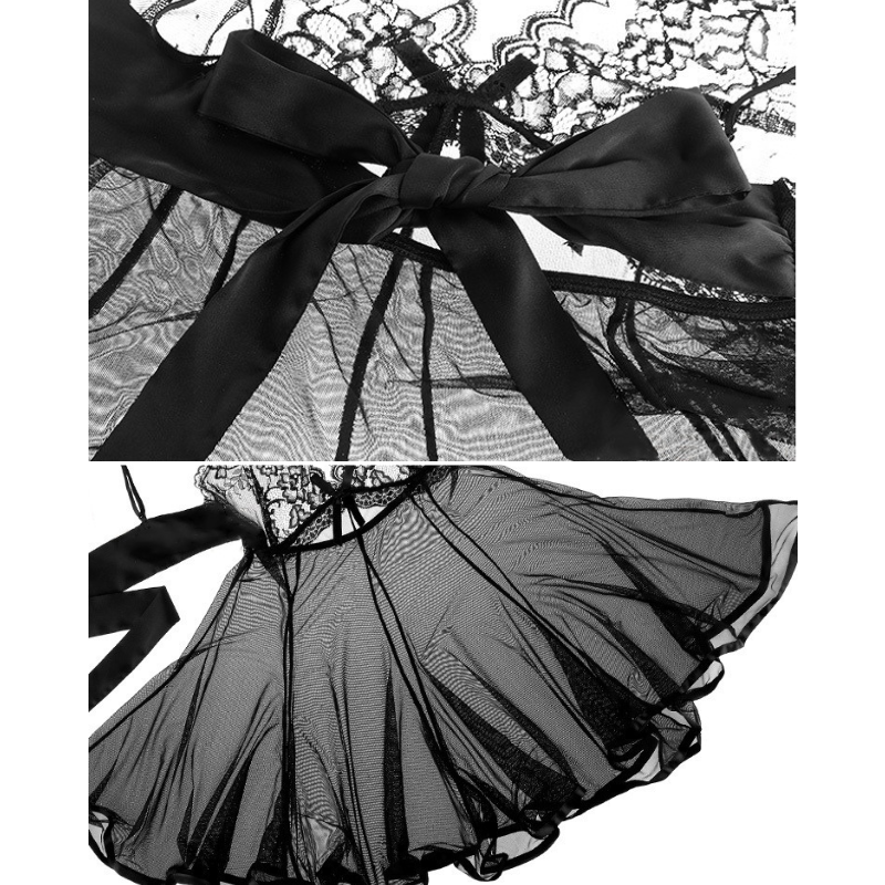 アップで撮影したブラックフレアベビードールの裾部分。繊細なレースがほどよい透け感を演出