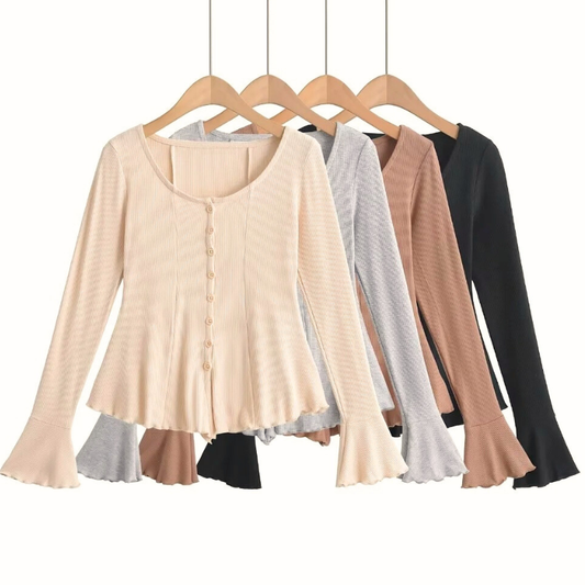 カラーバリエーションが豊富なリブ素材カーディガントップス ベージュ グレー ブラウン ブラック