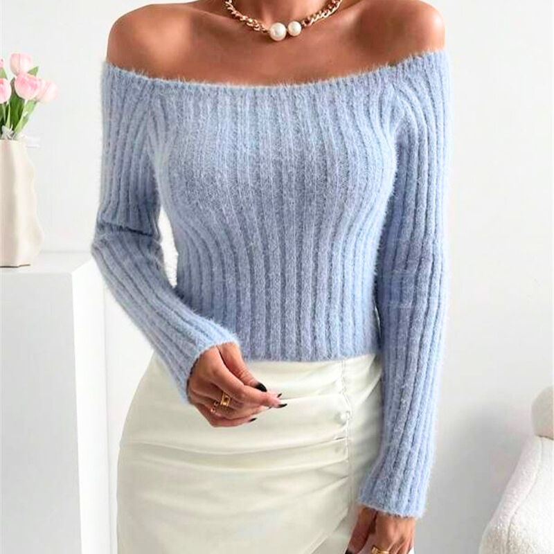リブ編みで細見えするオフショルニットトップス|秋冬のモテ服スタイル