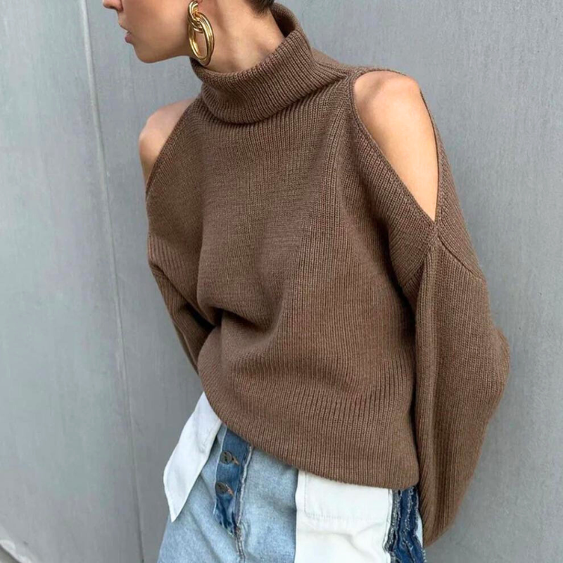 カットアウトショルダーニットを横から撮影した女性|上品な肌見せで男ウケ抜群のタートルニット