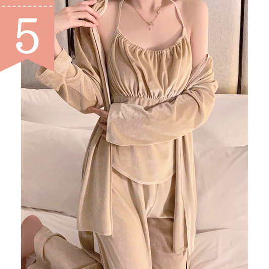 胸パッド付きベロアルームウェア ガウン付き3点セット ベージュカラー 秋冬 部屋着 男ウケ