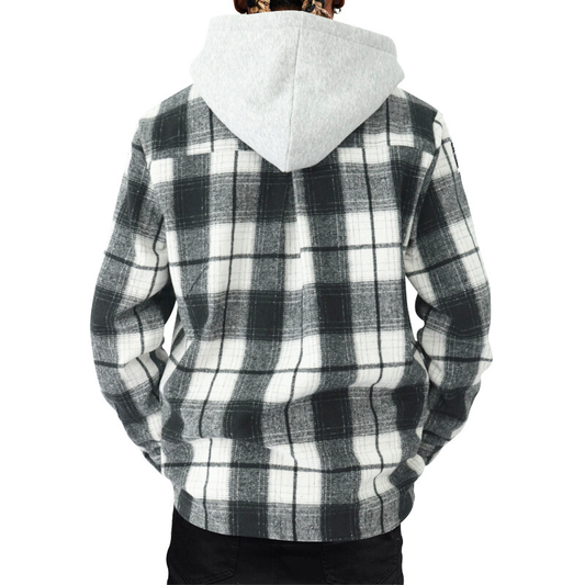 フード付きチェックシャツジャケット後ろ姿|グレーのフードがアクセントになるレイヤード風デザイン
