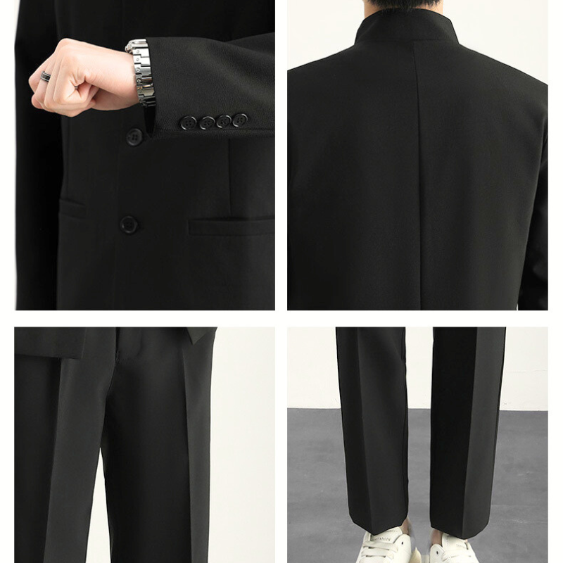 30代・40代メンズ向け春秋冬スタンドカラー黒セットアップの袖ボタンと背面ディテール