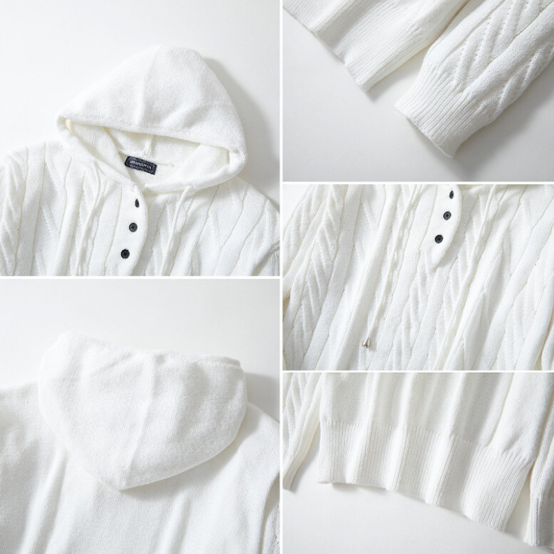 細部にこだわったフードとリブ袖のディテール。清潔感と存在感を両立したニットデザイン