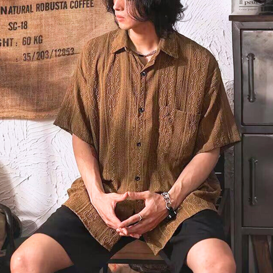 透かし柄オープンカラーシャツ ブラウン 着用イメージ(正面)