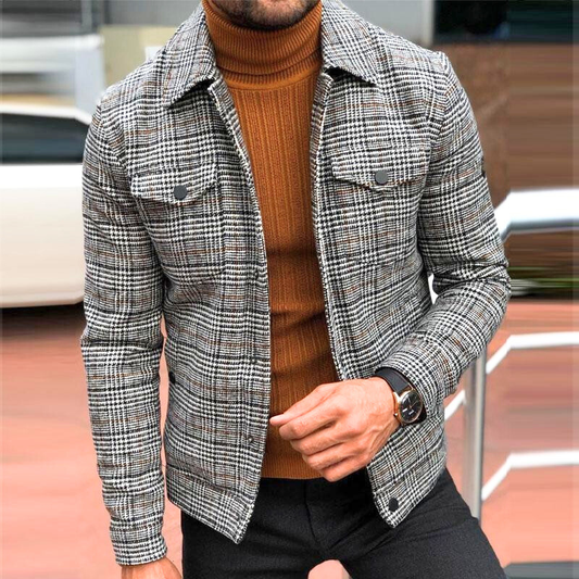30代メンズがタートルネックに合わせたグレンチェック柄ジャケットスタイル|きれいめカジュアル秋冬コーデ