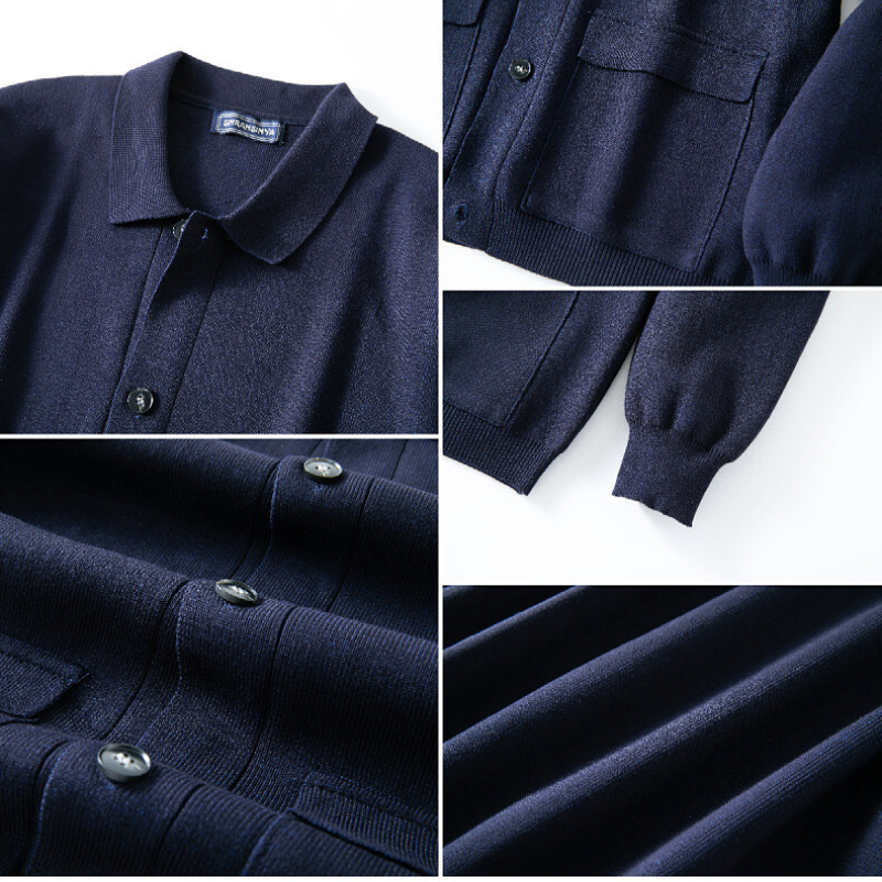 リブ袖やボタンディテールなどを拡大したネイビーカーディガンの質感紹介