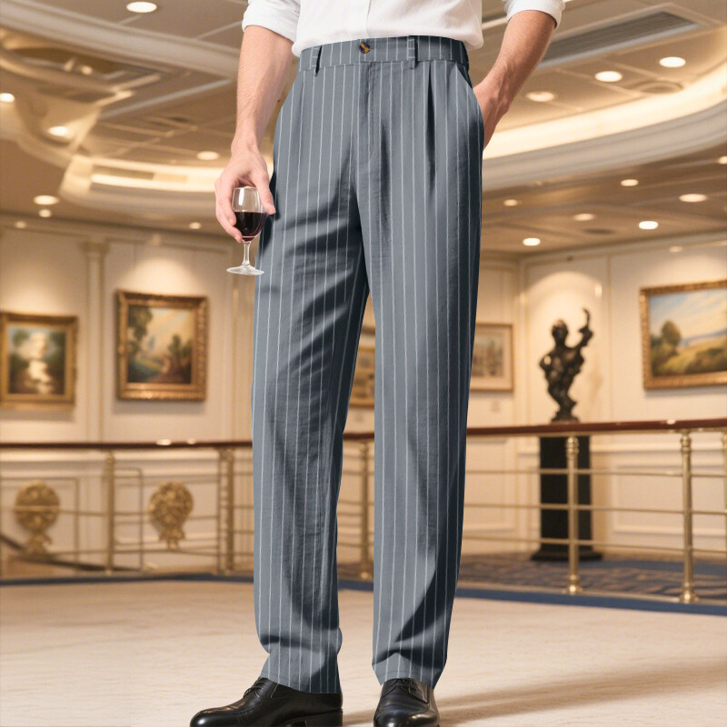 春夏秋】リネン混ストライプ2タックスラックス｜30代・40代メンズの