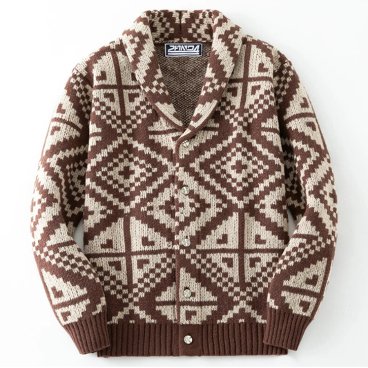 ノルディック柄ショールカラーニットカーディガン 正面デザイン(ブラウン)