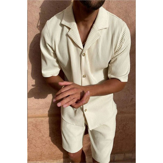 リブ開襟シャツセットアップ(アイボリー)全身ショット