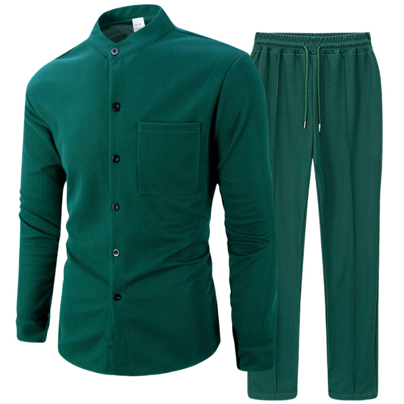 ワッフルバンドカラーシャツセットアップ|グリーンのトップスとパンツ(セット内容)