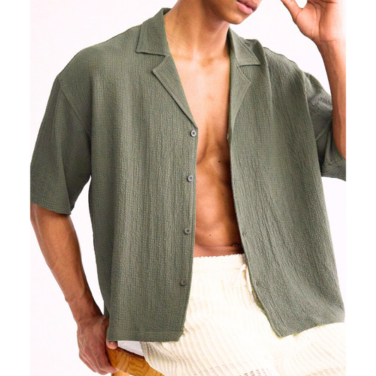 オープンカラー半袖シャツ|カーキの前開き着用イメージ