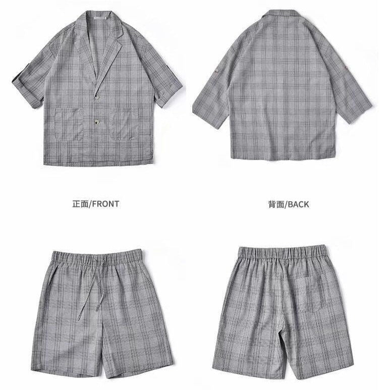 メンズ薄手セットアップ グレーチェック柄ジャケットとショーツ 前後デザイン詳細 夏コーデに最適