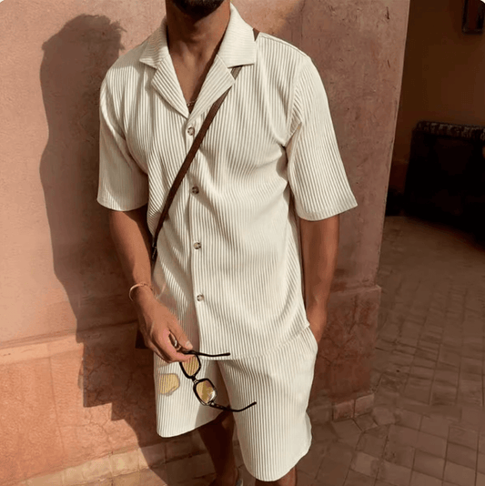 30代メンズ向けリブ開襟シャツセットアップ(ホワイト)フルコーデ