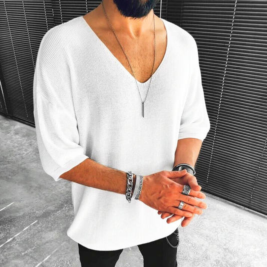 Vネック7分袖サマーニット メンズ|ホワイトの着用イメージ(正面)