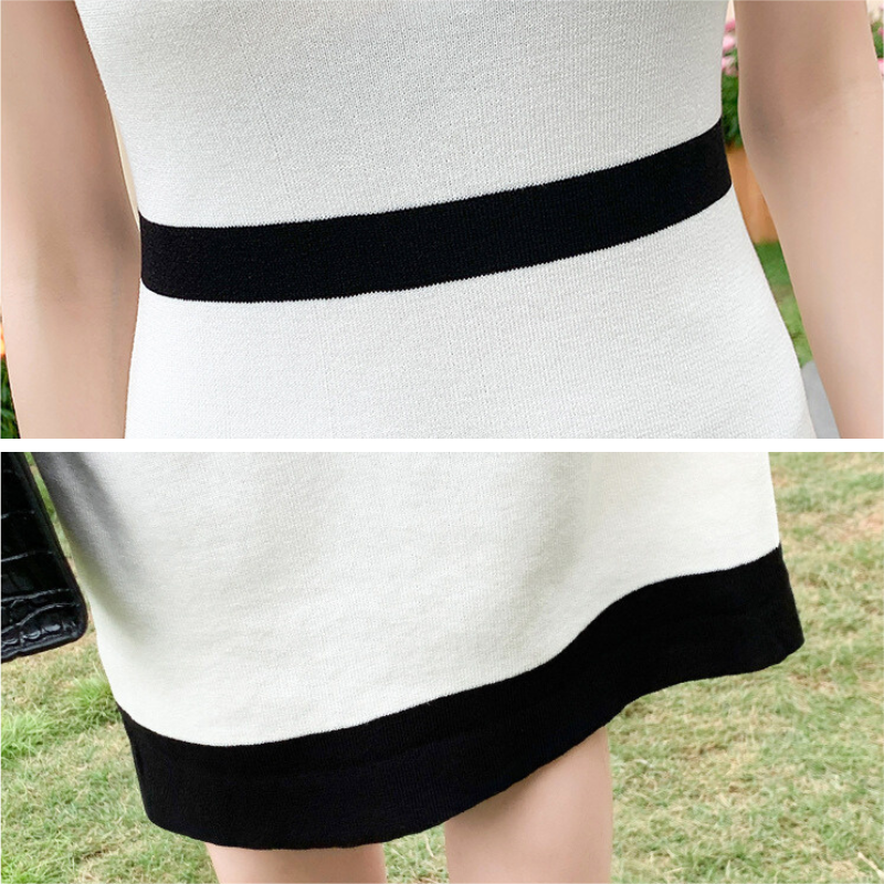 裾配色がポイントのホワイトノースリーブリブニットワンピース きれいめ大人コーデ