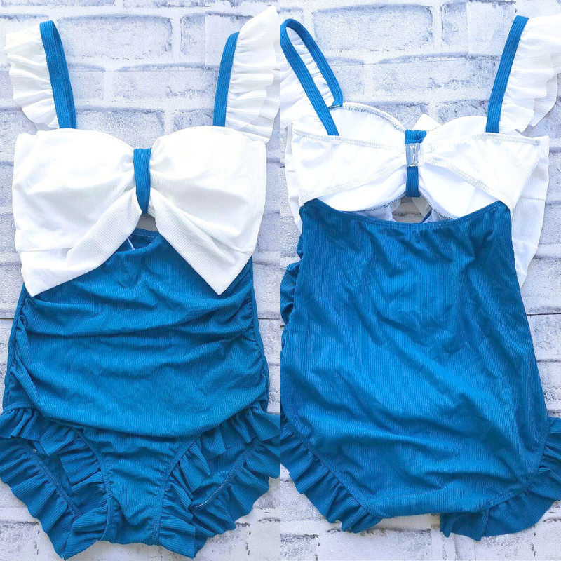 モノキニ風リボン水着・ブルーの全体像(正面&背面セット平置き)