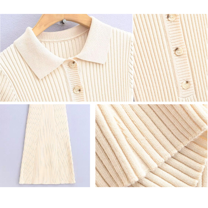 アイボリーのポロ襟とリブ編み素材のディテールがわかるワンピース画像