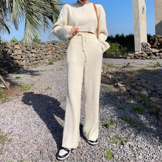 リブニットショートトップス&ワイドパンツセット(ホワイト)全身コーデ