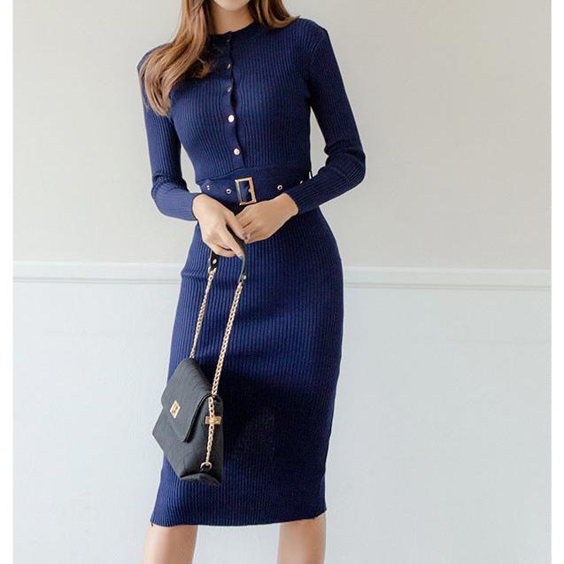 ベルトでスタイルアップできるニットタイトワンピース