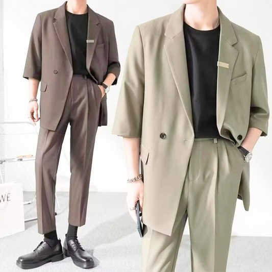 5分袖テーラードジャケット×タックパンツ 春夏セットアップ(ブラウンとカーキの2体)