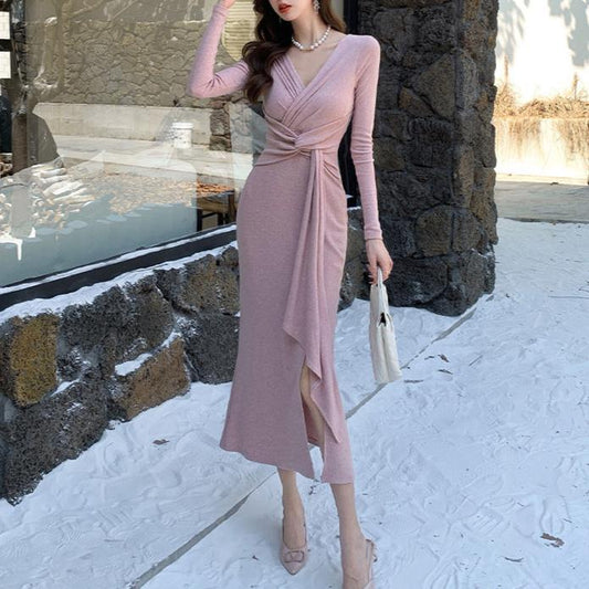 Vネックカシュクールワンピース(ピンク・スリットデザイン)