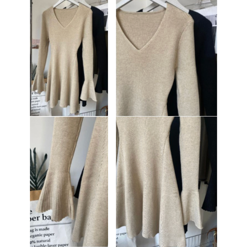 フレア袖と裾フレアのディテール(ベージュ)