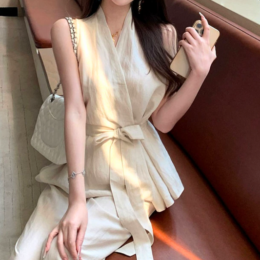 ウエストリボンがアクセントの涼しげセットアップコーデ