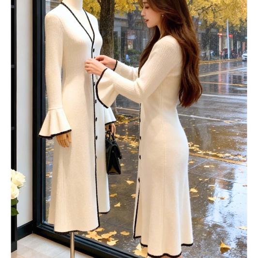 配色パイピングが映えるVネックリブニットワンピース(ホワイト×ブラック)全身