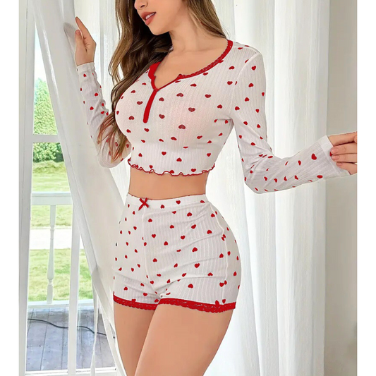 ルームウェア 男ウケ 白ハート柄カットソー 上下セット レディース